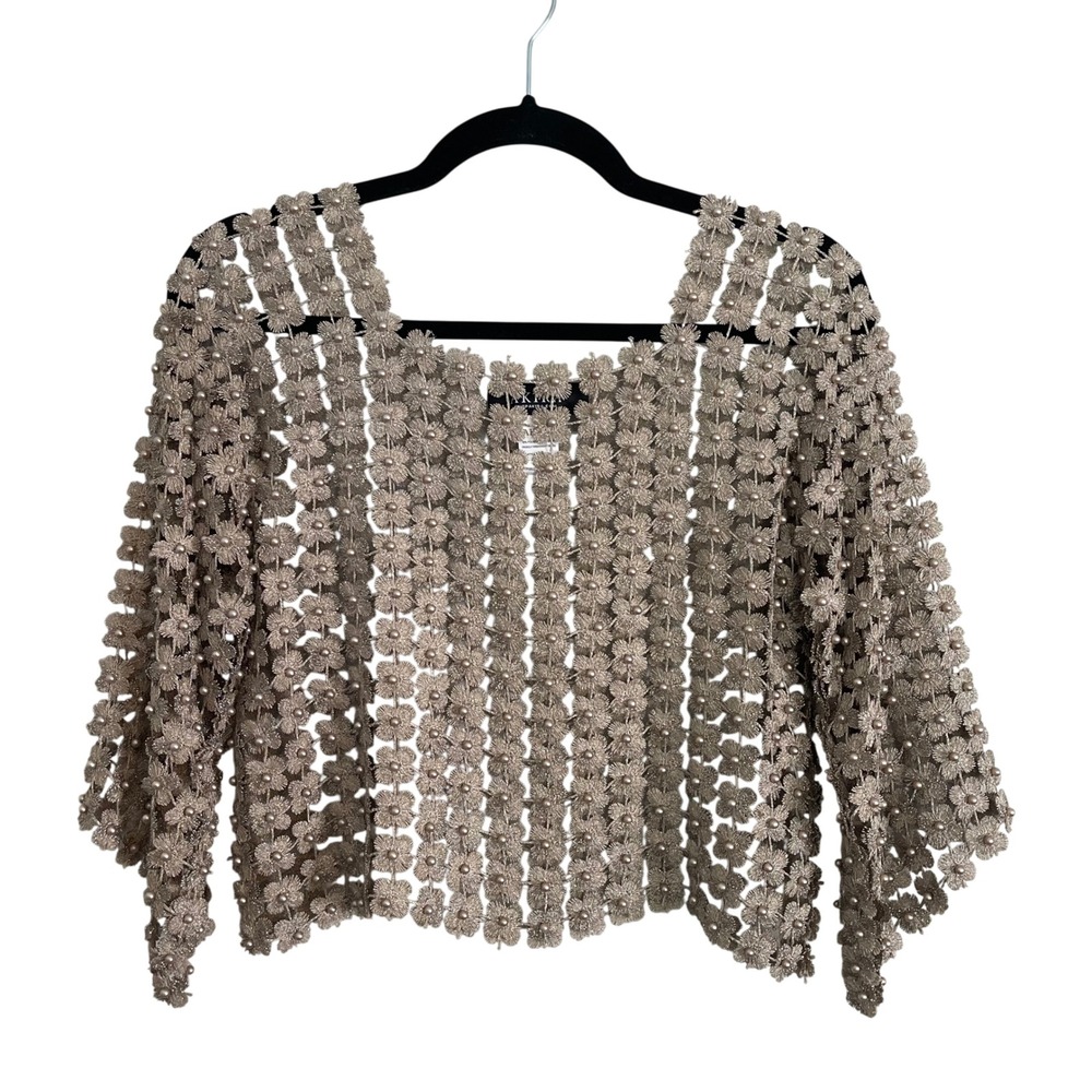Akira Beige Floral Lace Pearl Shrug Cropped Bell Sleeve Top JCR 0413-4 Medium